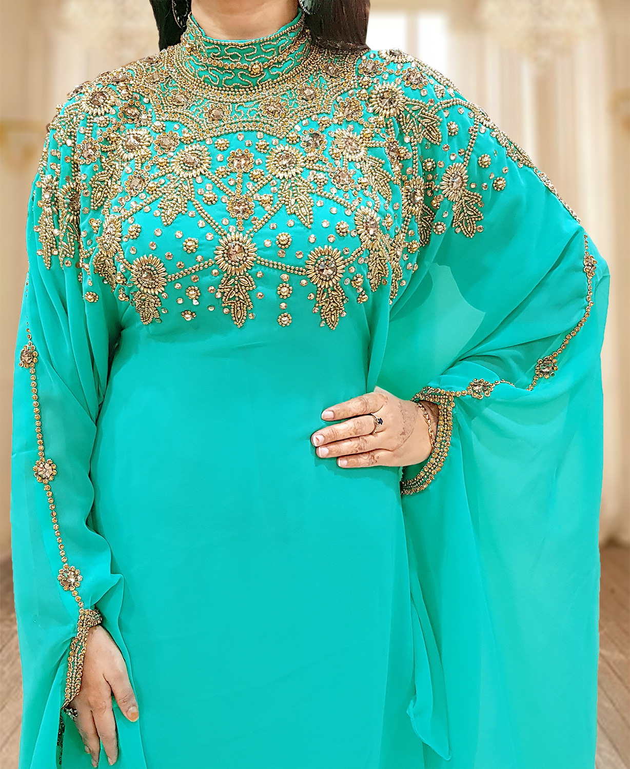 Dubai Kaftan Abaya Jalabiya Maxi Gown Hand Work Golden Beaded African Dress