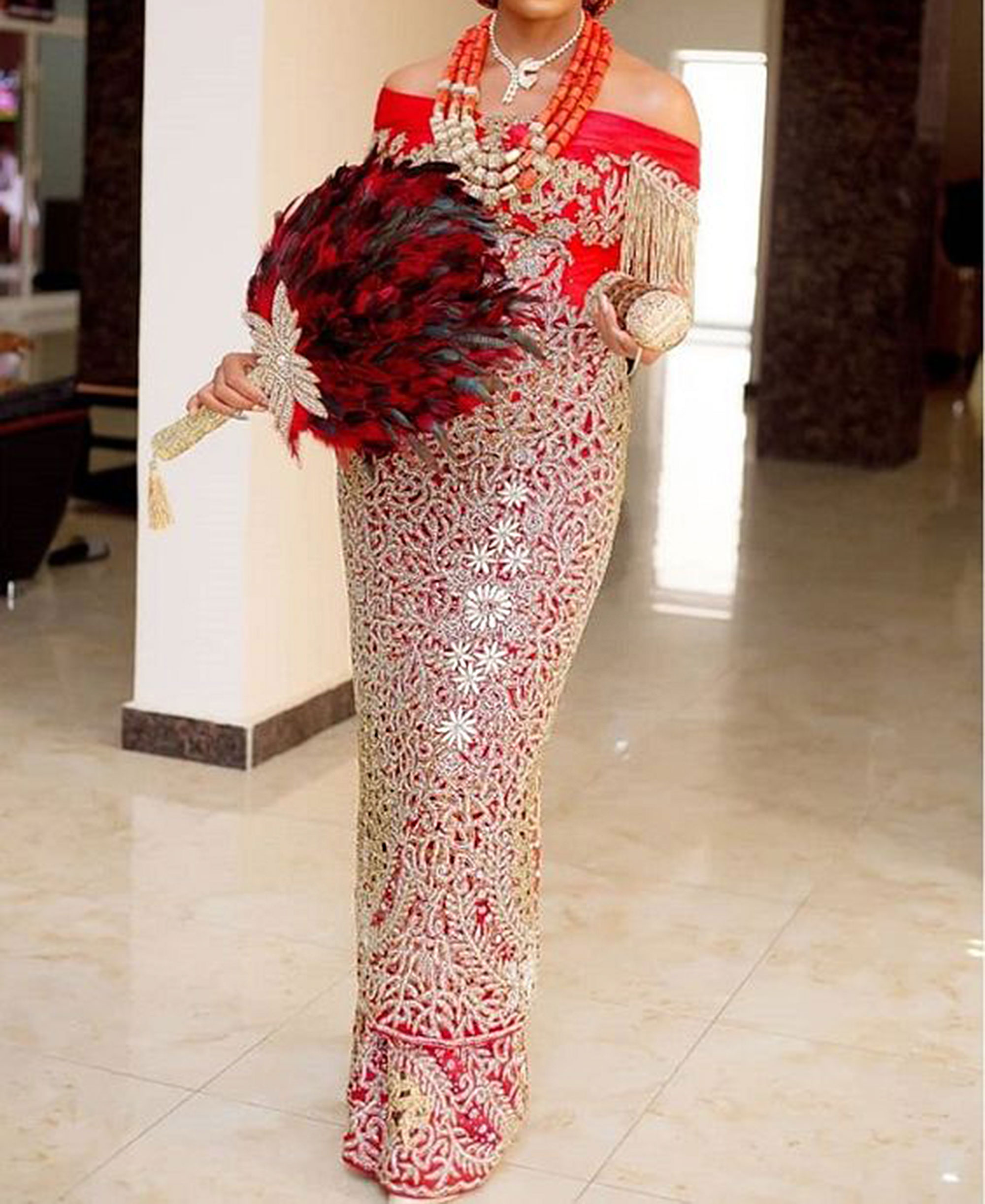 Nigerian Traditional Heavy Crystal Stonework Fabric Red Wrapper